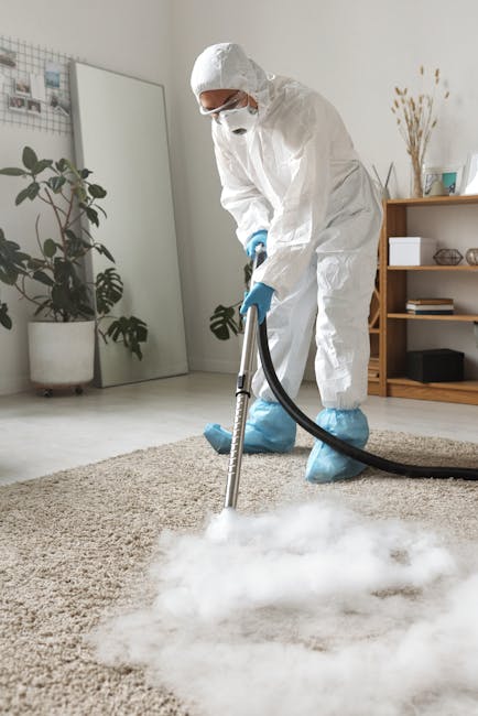 A professional cleaner wearing a white protective suit, face mask, gloves, and shoe covers is using a steam or vapor cleaning device on a light beige, textured carpet in a bright, modern living room. 